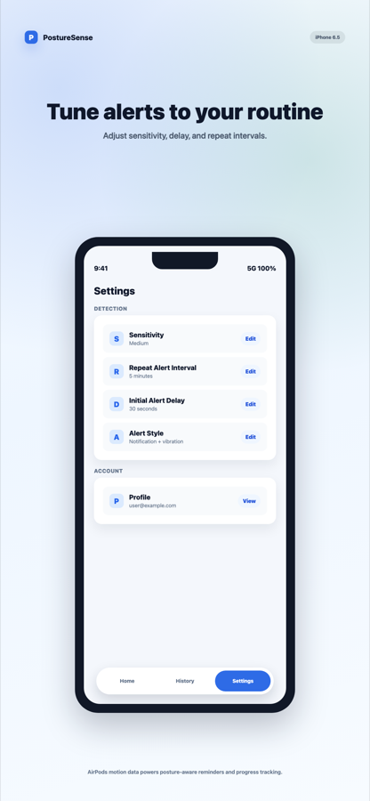 PostureSense alert settings app screenshot