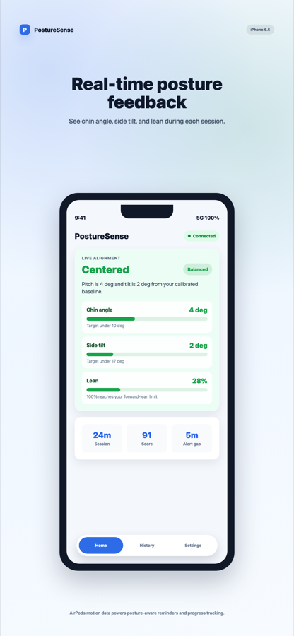 PostureSense iPhone screen showing real-time posture feedback
