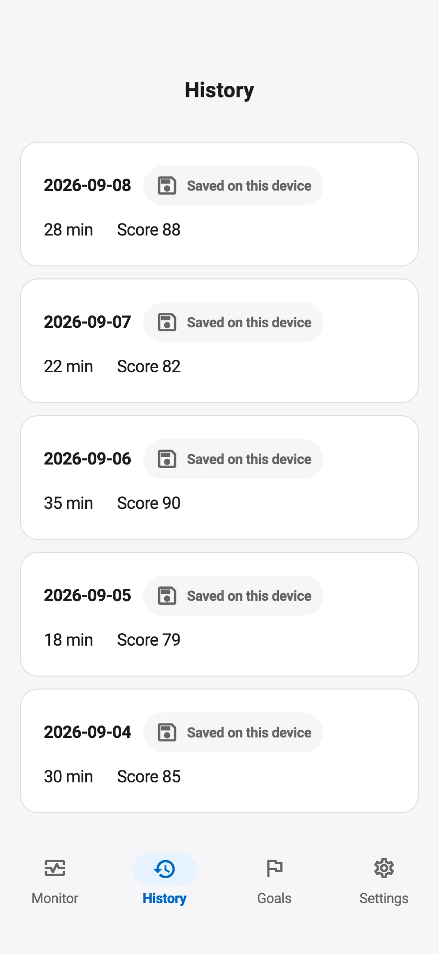 PostureSense History showing a completed example session saved on this device