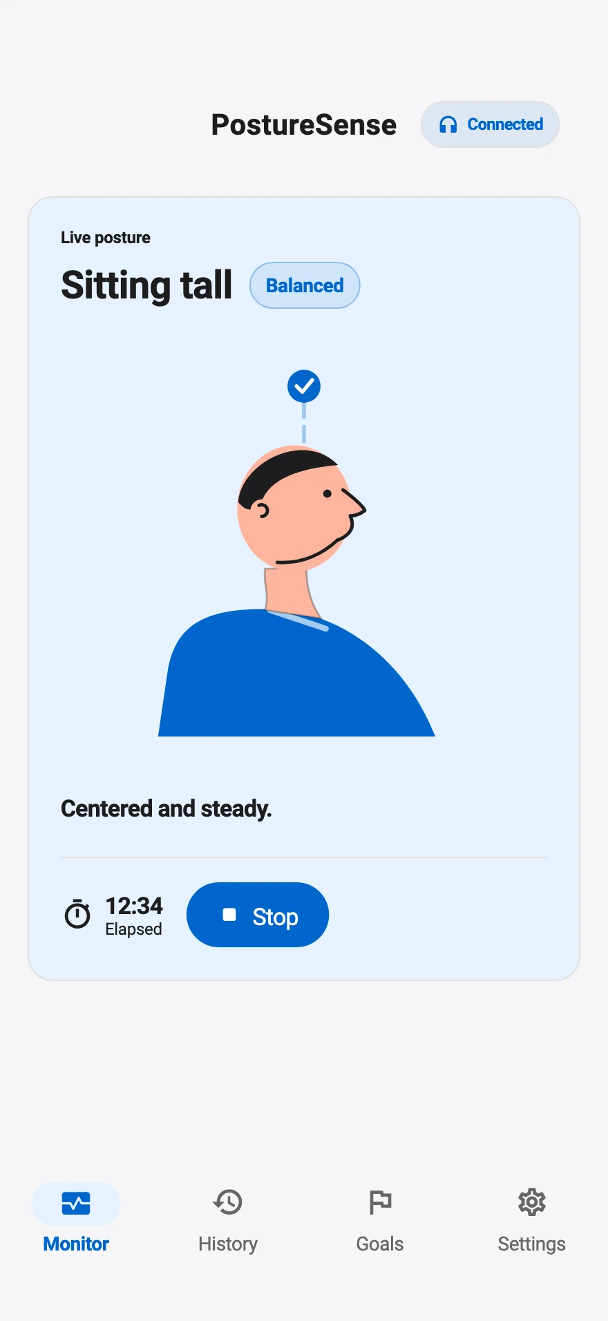 Current PostureSense app showing Sitting tall, balanced posture, and a sample 12-minute session