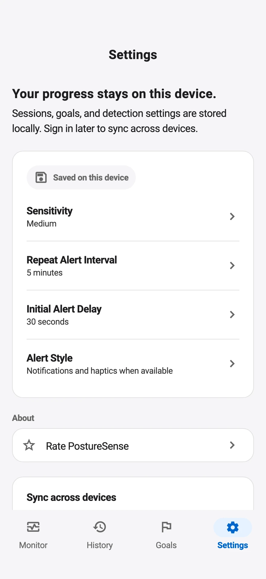 PostureSense Settings with sensitivity, repeat alert interval, initial alert delay, and alert style